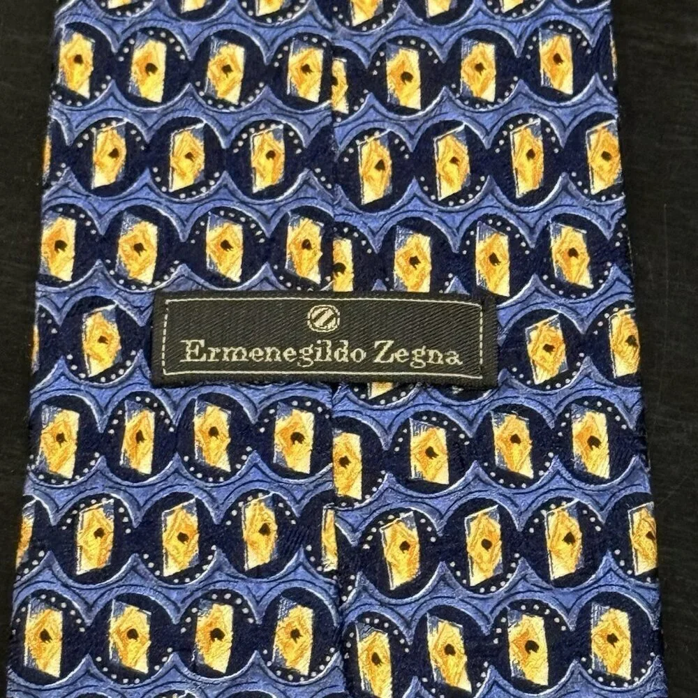 Ermenegildo Zegna Italian Silk Blue And Gold Geometric Mens Neck Tie